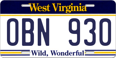 WV license plate OBN930