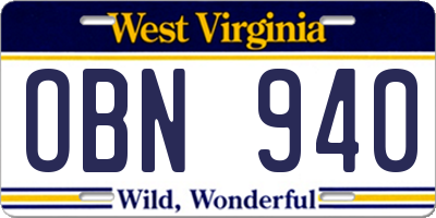 WV license plate OBN940