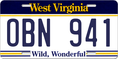 WV license plate OBN941