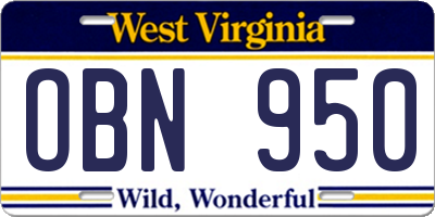 WV license plate OBN950