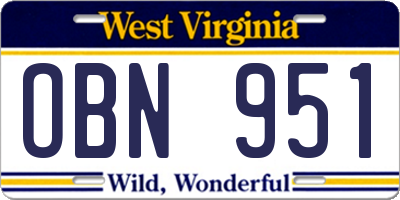 WV license plate OBN951