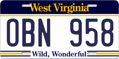 WV license plate OBN958