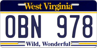 WV license plate OBN978