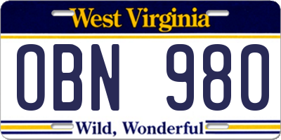 WV license plate OBN980