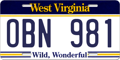 WV license plate OBN981