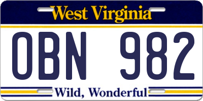 WV license plate OBN982