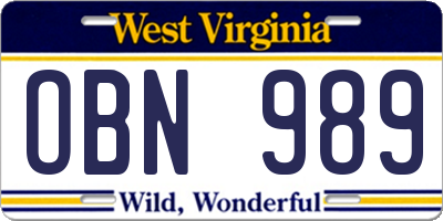 WV license plate OBN989