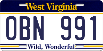WV license plate OBN991