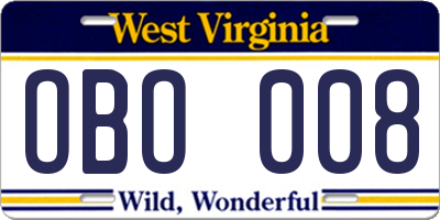 WV license plate OBO008