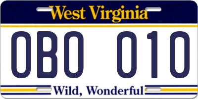 WV license plate OBO010
