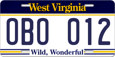 WV license plate OBO012