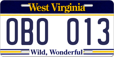WV license plate OBO013