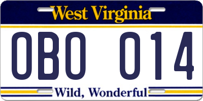 WV license plate OBO014