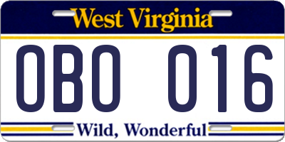 WV license plate OBO016