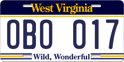 WV license plate OBO017
