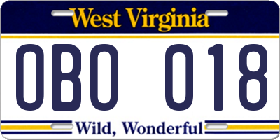 WV license plate OBO018