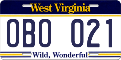 WV license plate OBO021
