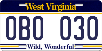 WV license plate OBO030