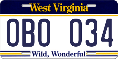 WV license plate OBO034