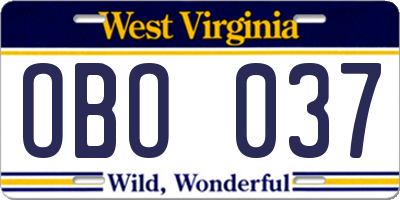 WV license plate OBO037