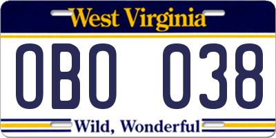 WV license plate OBO038
