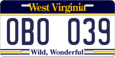 WV license plate OBO039