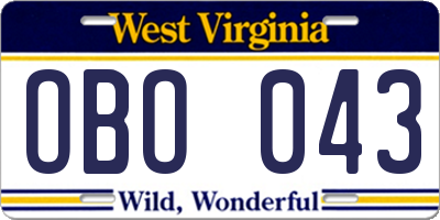 WV license plate OBO043