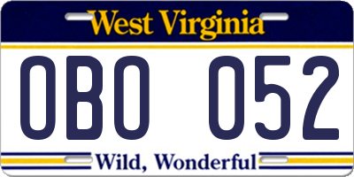 WV license plate OBO052