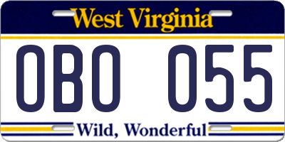 WV license plate OBO055