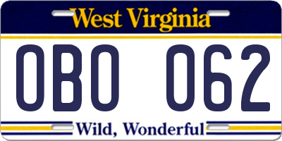 WV license plate OBO062