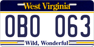 WV license plate OBO063