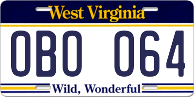 WV license plate OBO064