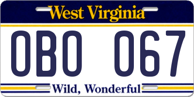 WV license plate OBO067