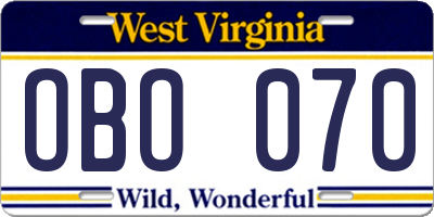 WV license plate OBO070