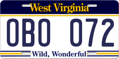 WV license plate OBO072