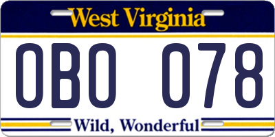 WV license plate OBO078