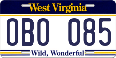 WV license plate OBO085
