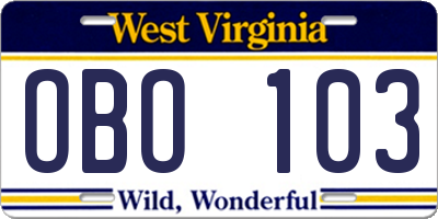 WV license plate OBO103