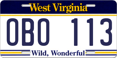 WV license plate OBO113