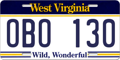 WV license plate OBO130