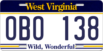 WV license plate OBO138