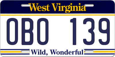 WV license plate OBO139