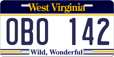 WV license plate OBO142