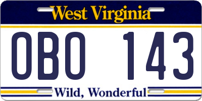 WV license plate OBO143