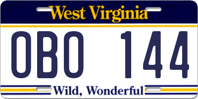 WV license plate OBO144