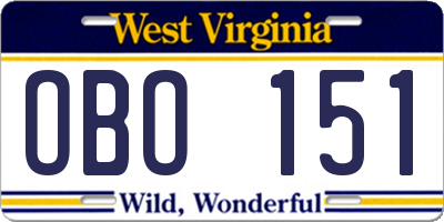 WV license plate OBO151