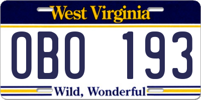 WV license plate OBO193