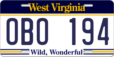 WV license plate OBO194