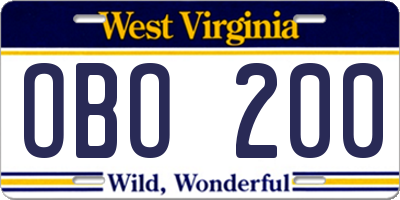 WV license plate OBO200