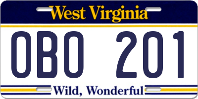 WV license plate OBO201